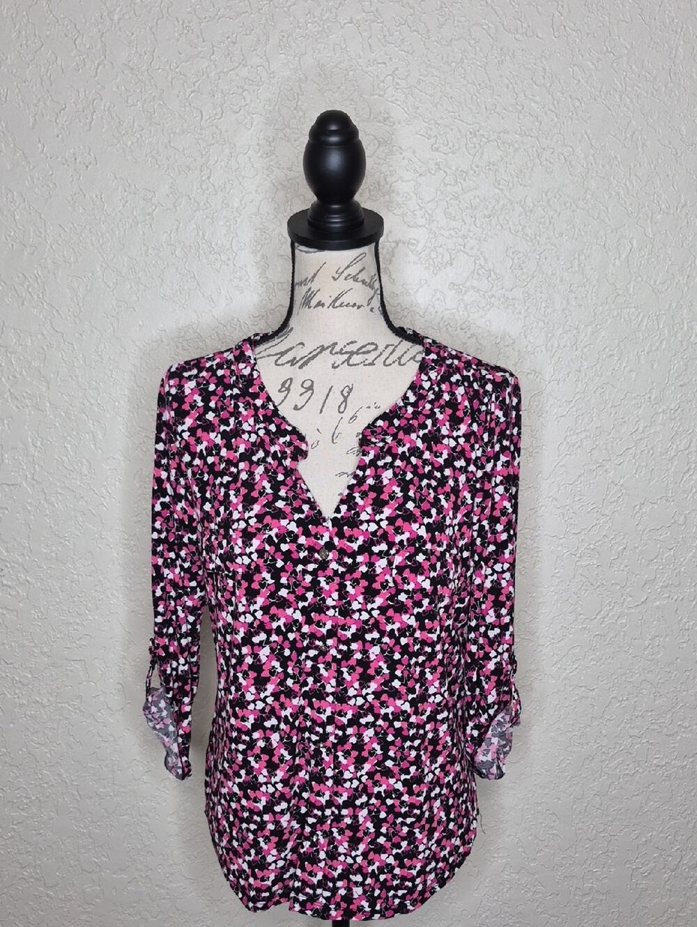 Adrienne Vittadini Heart Print Shirt Size L